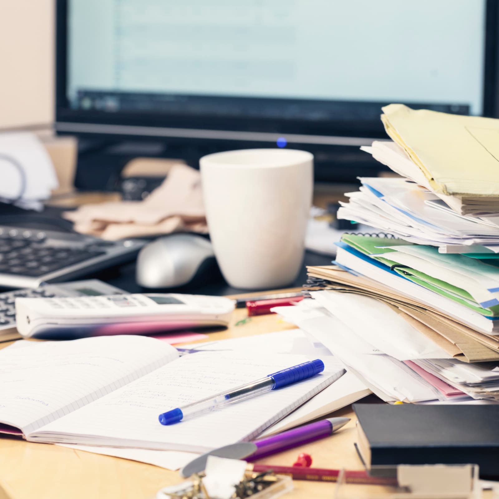 Stacked paperwork, an open notebook, pens, and a coffee cup on a desk.